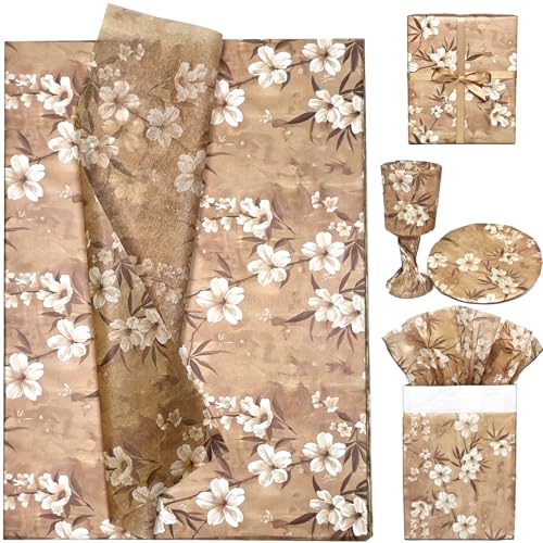 Vintage Tan Almond Flower Pattern Tissue Paper 30 Sheets 20 x 14 In, Decorative Floral Gift Wrapping Tissue Paper for Gift Bag Stuffing Packaging Bouquet DIY Crafts Wedding Birthday Mother's day Party