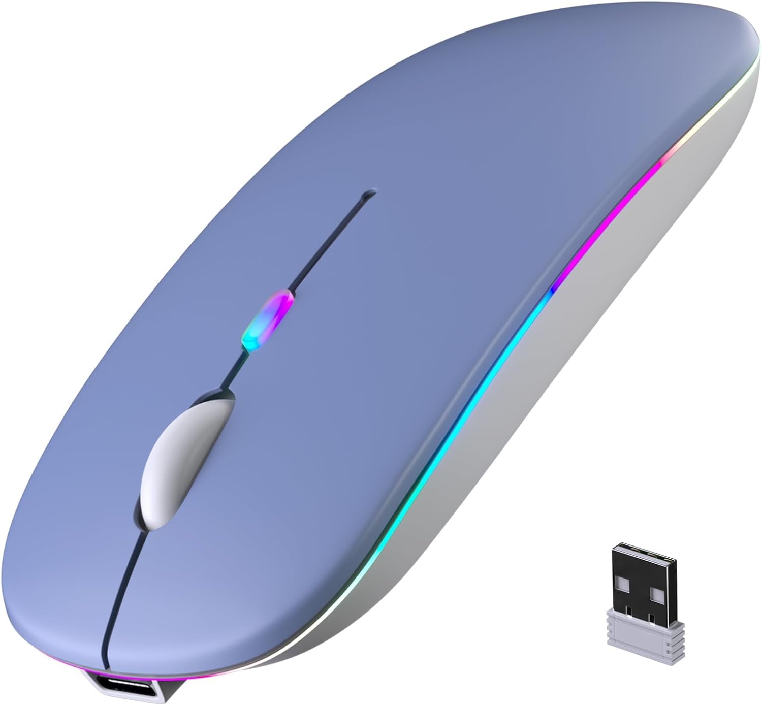 Wireless Bluetooth Mouse, Rechargeable, Silent, Ultra-Thin Design, Bluetooth 5.2 and 2.4GHz USB Receiver, Purple