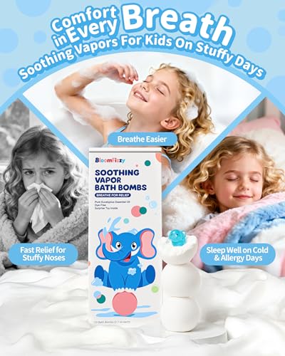 BloomFizzy Soothing Vapor Bath Bombs for Kids with Surprise Toys Inside, Eucalyptus & Lavender Essential Oils, Dye-Free Aromatherapy Bath Fizzies, 10 Pack