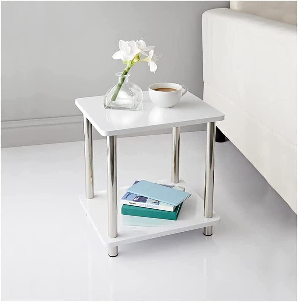 2 Tier Small White High Gloss End Table with Storage, Side Table, Nightstand, Coffee Table for Living Room, Hallway, Bedroom, Home Office, Home Décor Norsk Industrial Design