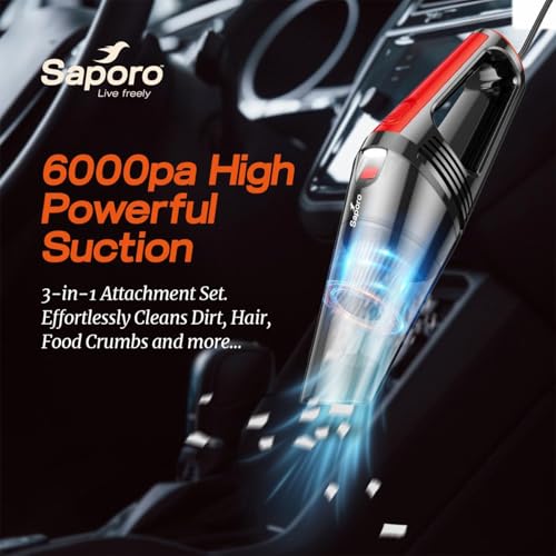 Image of SAPORO Eco Portable Car Vacuum Cleaner 120W, DC 12V Handheld Vacuum with 6000Pa Powerful Suction, HEPA Filter, LED Torch, 16ft Cord, Cleaning Accessories, Black