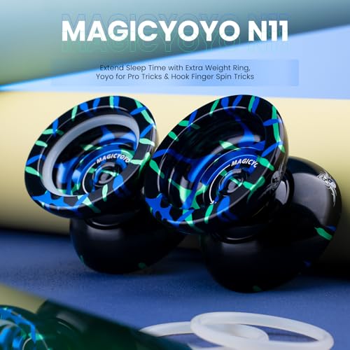 Image of MAGICYOYO N11 Professional Unresponsive Yoyo N11 Dual Purpose Alloy Trick YoYo Ball with Bag, Glove, 12 Strings and Responsive Bearing Kit (Black Blue Green)