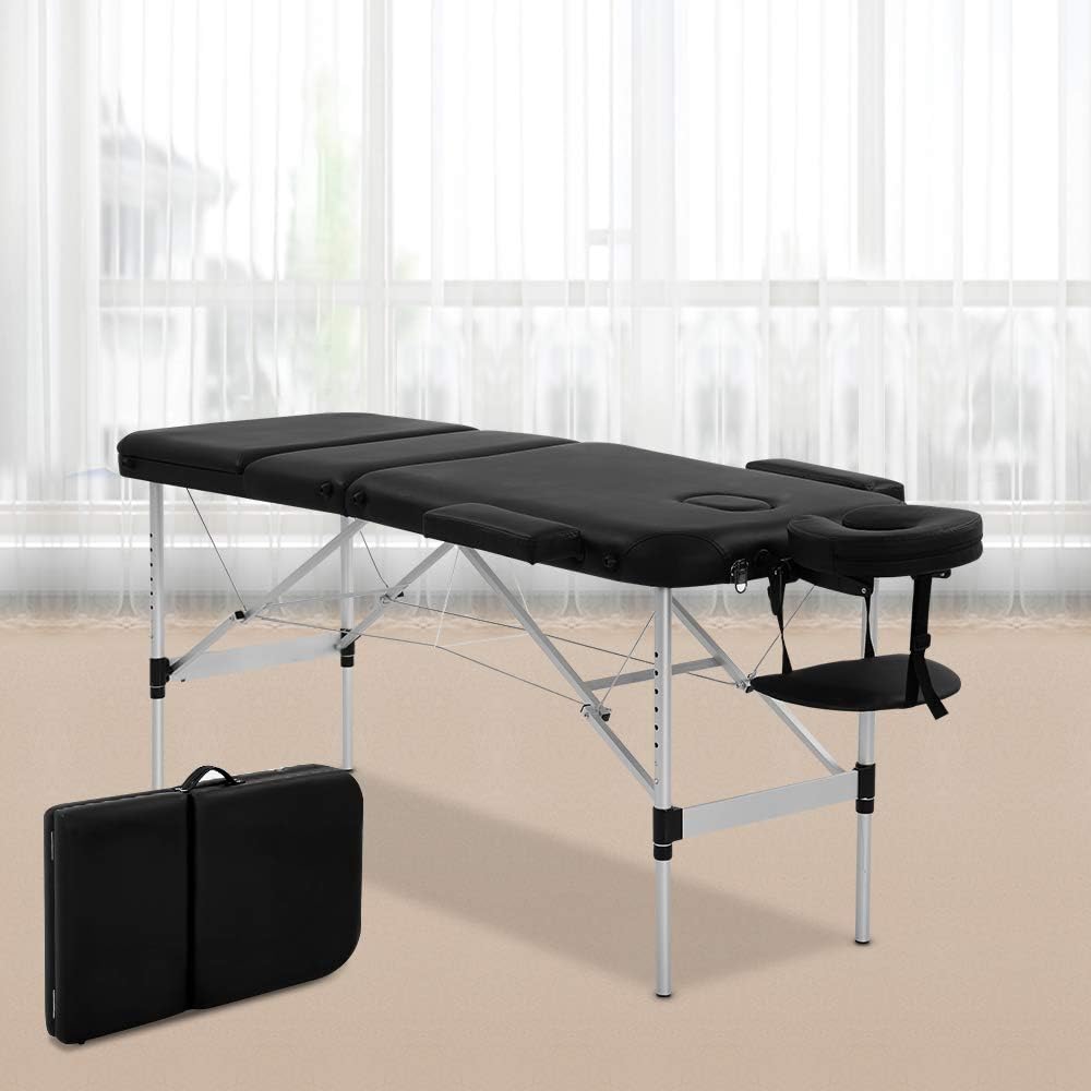 HHS Massage Table 73 Inch Aluminium Massage Bed Professional Folding Therapy Table Bed Height Adjustable Facial Salon Spa Tattoo Bed with Carry Case,Face Cradle,450LBS Capacity Salon Bed Black