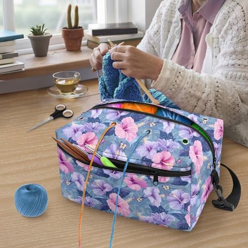 Image of Drnuikhe Purple Flower Crochet Bag Knitting Storage Bag Anti Dust Yarn Storage Organizer Crocheting Kit, Knitting Needles, Yarn Balls, Project & Sewing Supplies - No Accessories