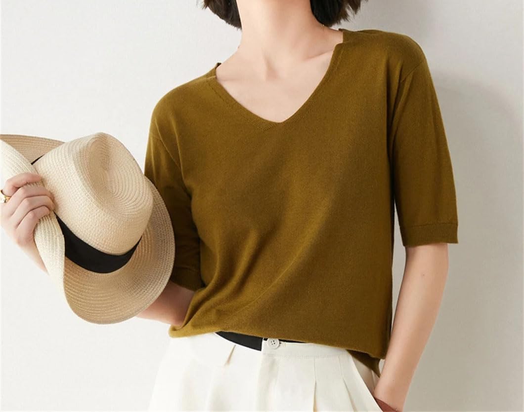 Maglione da donna in lana di cachemire, tinta unita, a maniche corte, con scollo a V, maglia morbida e calda