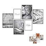 Art by Flavia 6 doppelseitige Bilder im modernen Poster Set | Vorderseite: Yoga Zen Buddha Collage Poster | Rückseite: Moderne Wohnzimmer Bilder Asien Schwarz-Weiß 4 x A3 2 x A4 Ohne Rahmen