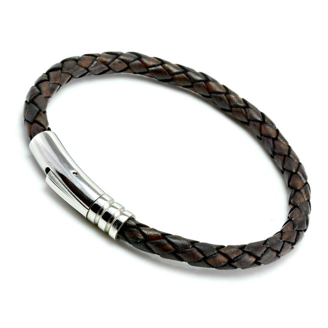 CMJ London Mens Leather Bracelet with Stainless Steel Trigger Clasp Antique Dark Brown Braided Leather