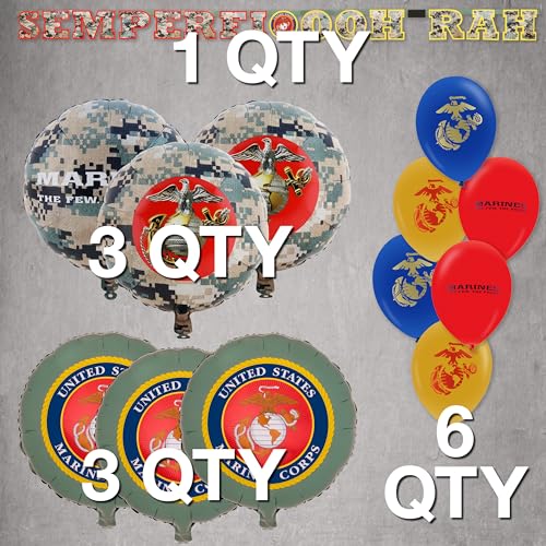 Image of U.S. Marines Party Decorations! Deluxe Bundle includes a Semper Fi Banner, 6 Latex Balloons and 6 Round Mylar Balloons - Officially Licensed. by Havercamp