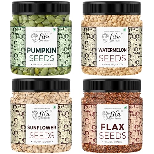 Image of LILA DRY FRUITS Seeds Combo Pack Flax, Pumpkin, Sunflower & Watermelon Seeds 200 Gms Each | 100% Natural, Gluten-Free Healthy Seeds for Eating | High in Fiber & Protein | Perfect for Gifting