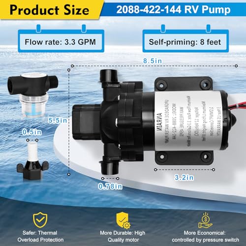12V 3.3 GPM RV Water Pump – Direct Replacement For 2088-422-144, 45 PSI Diaphragm Pump With 1/2'' MNPT Connection For Campers, Trailers & Off-Grid Water Delivery