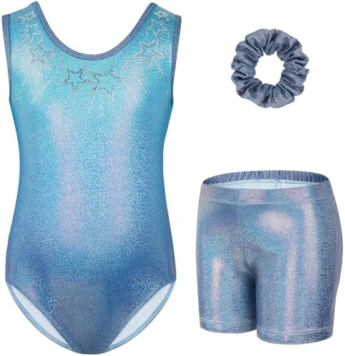 Gogokids Mädchen Drei Teiliges Gymnastikset, Ärmelloser Gymnastikanzug mit Shorts und Haarband, Ballett Tanzender Leotard Gymnastik Outfit mit Funkelnde für Mädchen, Ärmellose Trik