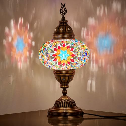DEMMEX Turkish Moroccan Mosaic Table Bedside Night Lamp, Tiffany Style Handmade Glass Mosaics Unique Oriental Exotic Table Lamp, 16cm Big Size Globe, 36cm Height (Multicolour)