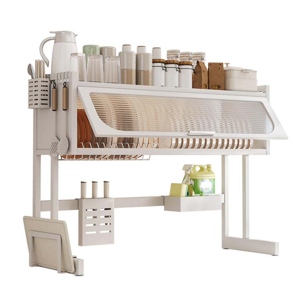 Escurridor de platos con cesta colgante, estante de secado de 2 niveles, estante de almacenamiento desmontable de gran capacidad para organización de cocina, color blanco