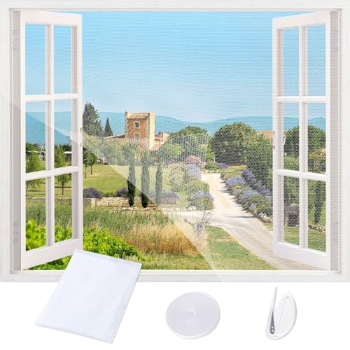 REDTRON Mosquiteras para Ventanas, Mosquiteras Auto-Adhesivas para Ventanas, Mallas Ajustables para Ventanas contra Insectos y Moscas, Cortadas a la medida deseada(1.3m x 1.5m, Blanco)