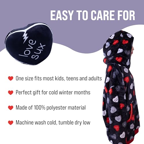 Image of Wearable Blanket Hoodie - inchLove Sux inch 2-in-1 Blanket Hoodie for Adults - Oversized Sweatshirt with Pocket - Funny Breakup Gift & Anti-Valentine's Reversible Hoodie
