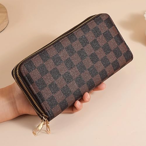 Brown and Khaki Checkerboard Clutch Wallet with Zip, Hand Strap, Large Capacity Men's and women's zippered pocket wallets(Double zipper 12)3
