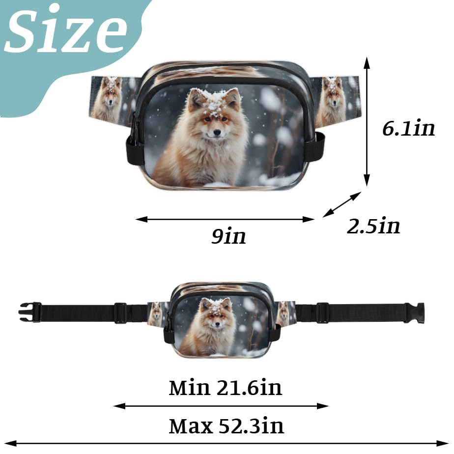 Cute Fox Snow Waterproof Fanny Pack for Women Men Adjustable Waist Bag with Double Zipper Pockets Lightweight Square Hip Pack for Running Travel Hiking Workout Cycling