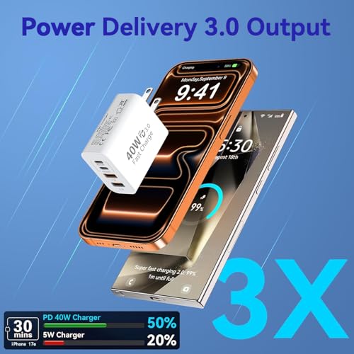 Image of iPhone 17 16 USB C Fast Charger Block,USB C Charging Block 2Pack 40W Type C 4in1 Multiport Fast Plug Apple Charger for Apple iPhone 17 Pro Max /Air /17 Pro /16 Plus /16e /15 ProMax /14 /13 /12 /XsMax /XR /X,iPad