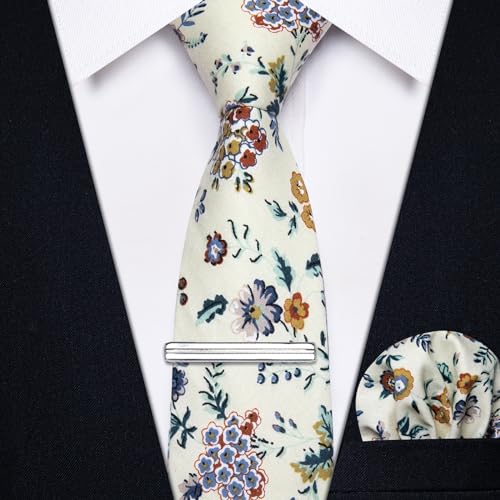 Image of YourTies Cotton Floral Tie for Men 2.5 inch Printed Skinny Necktie Pocket Square Tie Clip Set Flower Wedding Party Groom