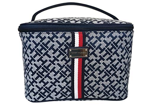 Tommy Hilfiger Large Travel Makeup Bag Cosmetic Organizer Toiletry Train Case for Women (Navy Red White)