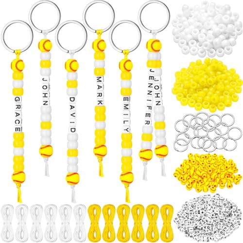 Landical 564 Pcs DIY Bead Keychain Kit Key Chain Making Craft Adjustable Letter Beads String Mama Sport Gift Alphabet Jewelry Backpack Accessories Holiday Party Favor(Softball Yellow White)