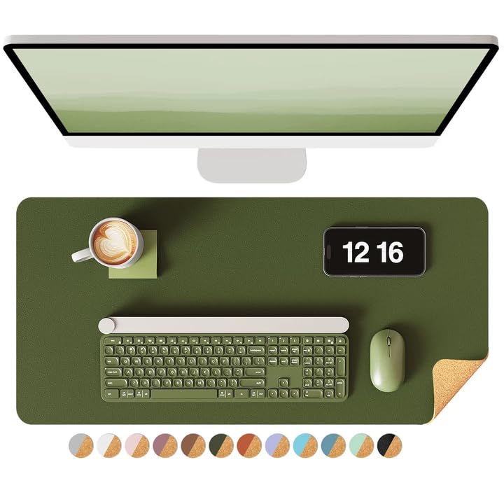 Image of YSAGi Eco Cork Desk Pad, Leather Deskpad, Double-Sided Desk Mat,Waterproof Large Mouse Pad, Non-Slip Mouse Mat, Laptop Desk Table Protector, Writing Pad for Office /Home(23.6 inchx13.7 inch,Olive Green+Cork)
