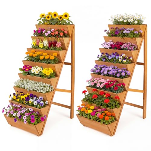 HAPPYGRILL Vertical Raised Garden Bed, Freestanding Wood Elevated Planter Box w/Legs for Growing Vegetables Flowers Herbs, Indoor Outdoor Tiered Plant Stand for Patio Yard Balcony Corner (2,8-Tier)
