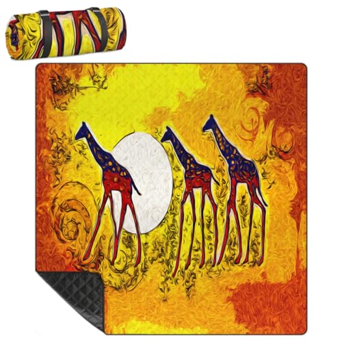 Shimoshe Extra Large Picnic Blankets 79”x 79”, Abstract African Giraffe Waterproof Foldable Picnic Mat with Straps Portable Beach Blanket for Camping Park Grass Beach Indoor