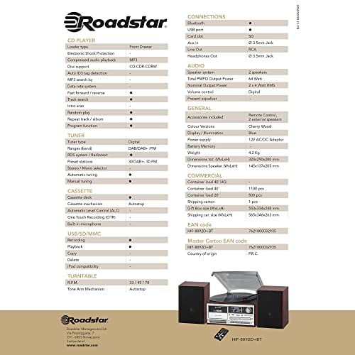 Stereoanlage mit Plattenspieler Roadstar HIF-8892 D+BT