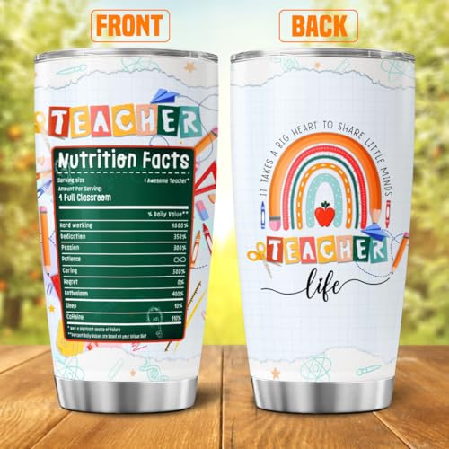 JENOIS Teacher Appreciation Gift for Women, Cute Rainbow Design Stainless Steel Tumbler, 20oz Insulated Travel Cup with Nutrition Facts, Back to School, End of Year, Birthday Thank You Idea