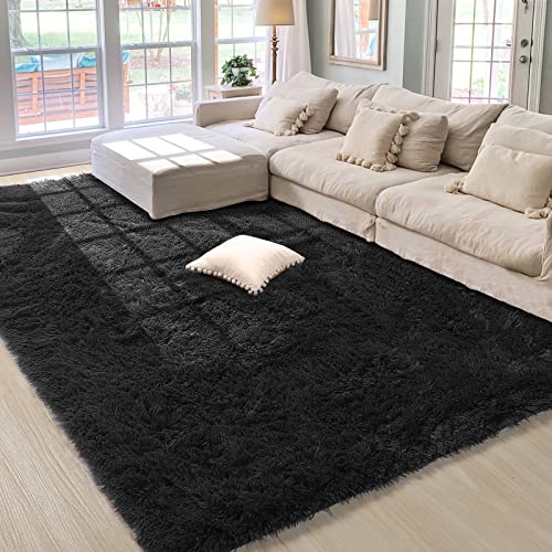 Amangel Super Soft Shag Area Rug Fluffy Carpet, 8  x 10 , Luxury Fuzzy Rugs for Living Room Bedroom, Large Plush Furry Rug for Kids Boys Girls Room Nursery Home Decor, Indoor Modern Shaggy Rug, Black
