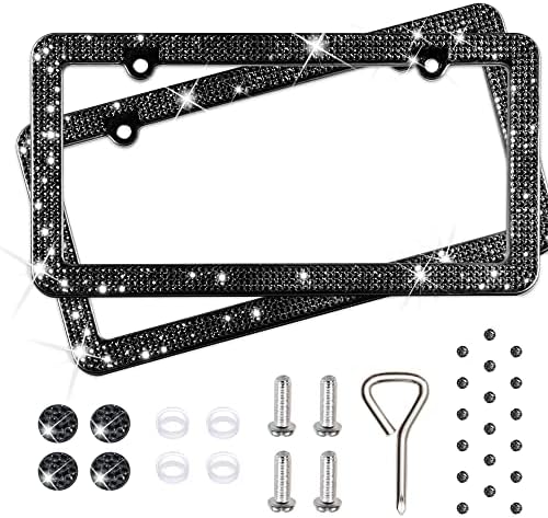 2 Black Metal Diamond Bling Glitter License Plate Frame Cover Crystal RhineStone
