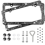 Diamond Rhinestone Bling License Plate Frames for Women, Men - 2 Pack Handcrafted Bedazzled License Plate Cover with Glittery Crystal Screw Caps Stainless Steel - Sparkle Car License Plate Frame Black