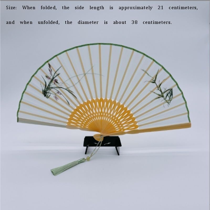 Elegant Embroidery Orchid Folding Fan Lightweight Portable Chinese Vintage Hand with Green Tassel