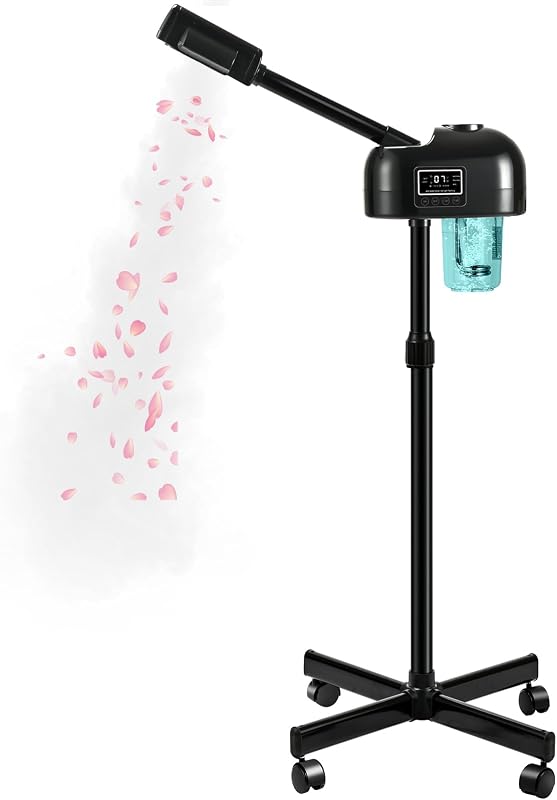 Vaporizador facial AceFox com visor LCD, névoa quente, temporizador, altura ajustável e rodízios — Preto