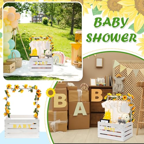 Image of Juexica Wooden Baby Shower Crate Closet, Sunflower Theme Baby Basket with Handle and Garland Letter, Storage Crate Hamper, DIY Basket for Pregnancy New Parent(White)