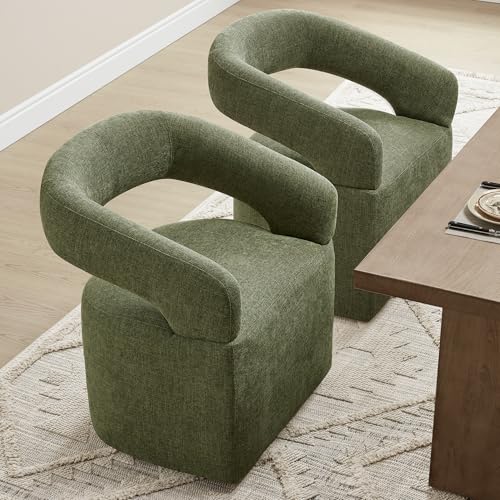 Image of KISLOT Upholstered Dining Chairs with Casters, Modern Barrel Side Armchair with Rollers for Dining Room, Bedroom, Kitchen, Reading Room, Green, Set of 2