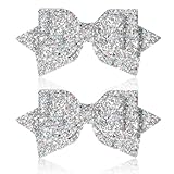2 Pcs Silver Hair Bow Clips, 5 Inch Glitter Hair Bows for Girls Sparkly Double Bowed Accessories Glitter Sequin Boutique Head Clip Delicate Satin Headwear for Birthday Wedding Party Back School Gift