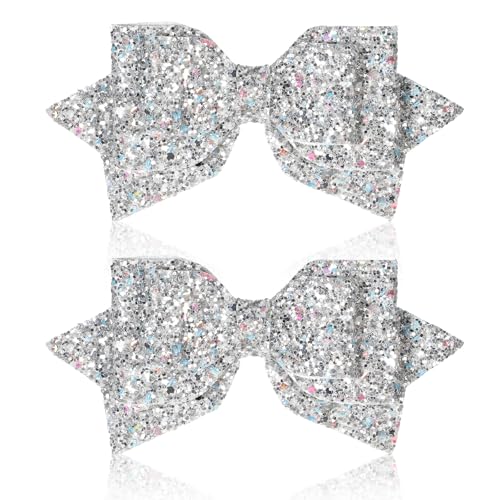 2 Pcs Silver Hair Bow Clips 5 Inch Glitter Hair Bows for Girls Sparkly Double Bowed Accessories Glitter Sequin Boutique Head Clip Delicate Satin Headwear for Birthday Wedding Party Back School Gift