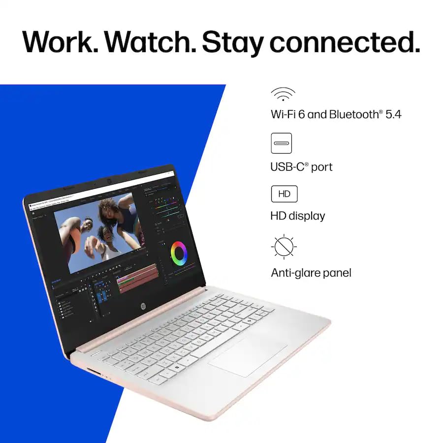 Image of HP 14 inch HD Laptop, Intel Processor N150, 4GB LPDDR5, 256GB Storage (128GB UFS+128GB SD Card), HDMI, USB-C, USB-A, Bluetooth, WiFi, Copilot, Fast Charge, Microsoft 365, Win 11 Home, Pale Rose Gold
