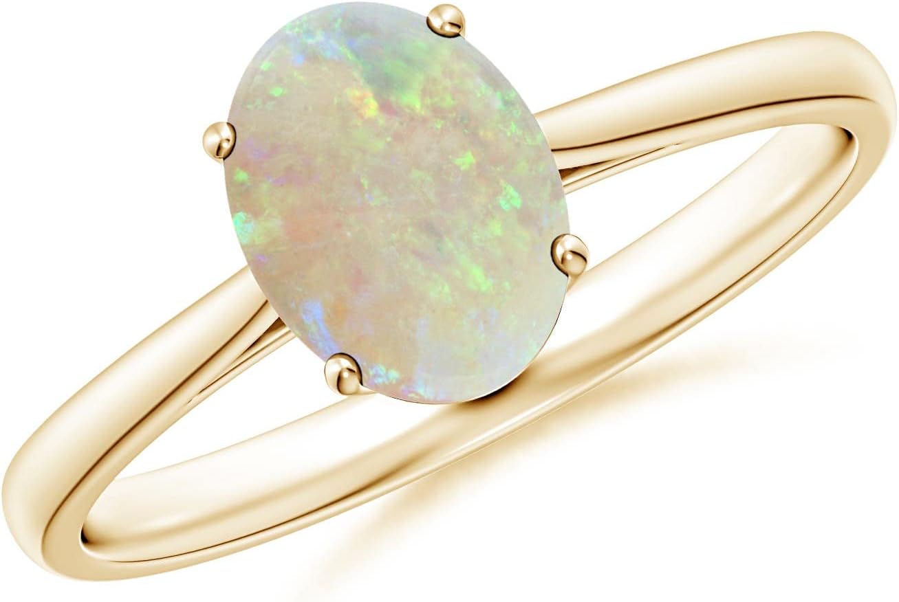 Angara Natural Opal Solitaire Ring for Women | Classic Prong Set Oval Opal Ring in 14K Solid Gold | October Birthday, Anniversary, Gemstone Jewellery Gift