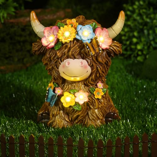 Colingmill Highland Cow Solar Statue Outdoor Decor Resin Highland Cow Figurine with Flower Gifts for Women Mom for Spring Yard Garden Lawn Ornaments, Calf Gnome Herd Lovers(Bright)