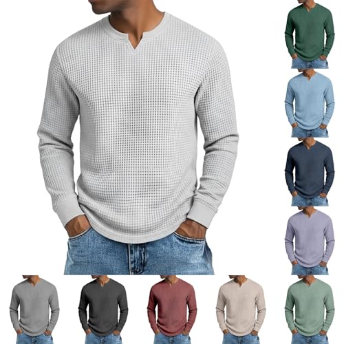 Generisch Pull à manches longues en maille gaufrée pour homme avec col en V - T-shirt basique -...