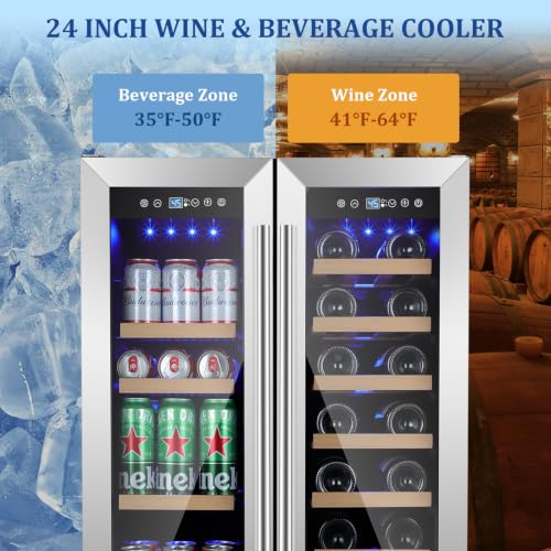 Image of 24 Inch Wine and Beverage Refrigerator, Dual Zone Wine Beverage Fridge with Glass Door, Built-In /Freestanding Beverage Cooler 24 inch with French Door, Holds 20 Bottles and 88 Cans for Home /Kitchen