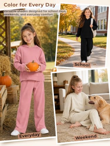 Image of Girls 2 Piece Hoodie Bell Bottom Sweatsuit Fall Outfit Set | Long Sleeve,front pocket,side-slit flare,machine washable,soft rayon-blend,skin-friendly,stretchy,durable