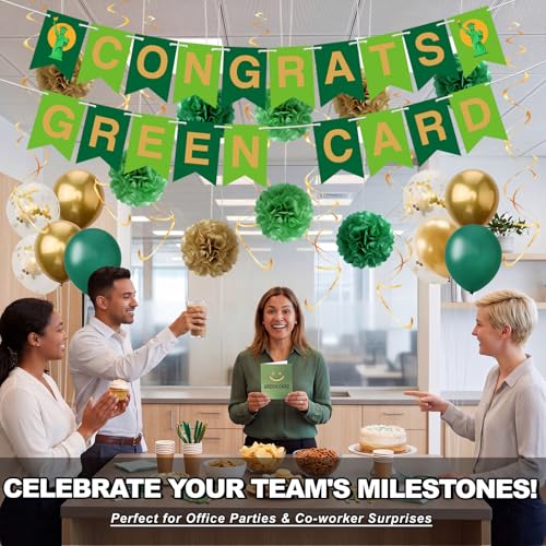 Image of RoundFunny 45 Pcs Green Card Themed Party Decorations Pre-strung Congrats Permanent Resident Banner Green Gold Confetti Balloons and Pom Poms for Immigration Success Celebration