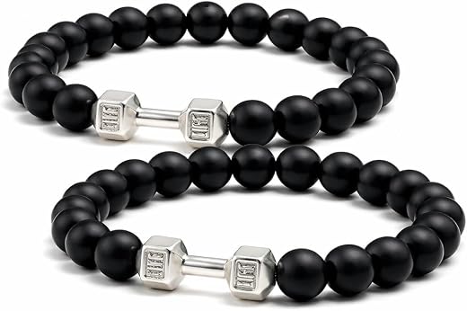 Stylewell Pack of 2 Black Matte Onyx Dumbbell Beaded Bracelet For Gym &amp; Fitness Freak's