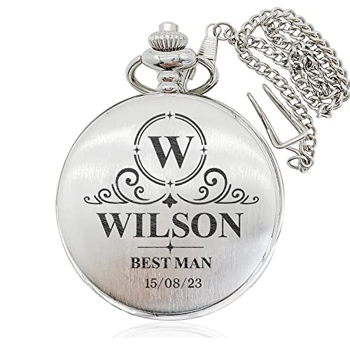 EDSG Personalized Pocket Watch Engraved Pocket Watch and Chain Personalized Gifts Wedding Gift for Best Man Custom Pocket Watch for Men Father's Day Grandad (Silver, Design 1)