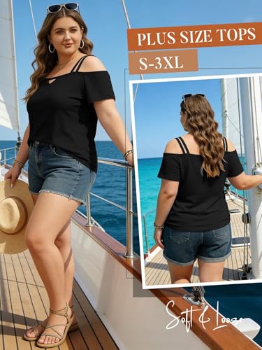 Image of Bliwov Womens Cold Shoulder Tops Short Sleeve Cute Sexy Summer Spring Beach Vacation T Shirts Fashion Outfits Basic Clothes