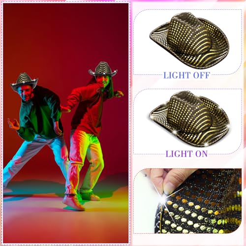 Image of Kigeli 10 Pcs Lights LED Cowboy Hat for Adult LED Flashing Hat for Western Cowboy Women Men Role Play